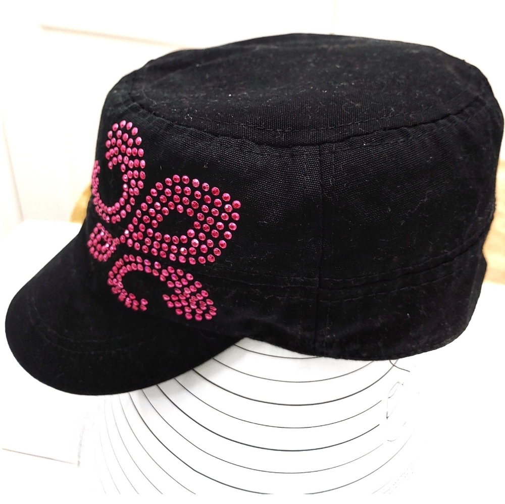 ``H25376 Black Cadet Cap with Pink Fleur De Lis